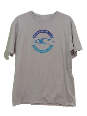 Light Gray Graphic Tee with Blue Logo - Men's Casual Shirt